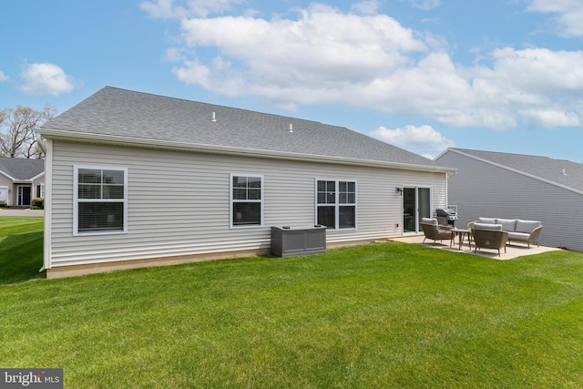 back of house with a lawn, a patio, cooling unit, and outdoor lounge area