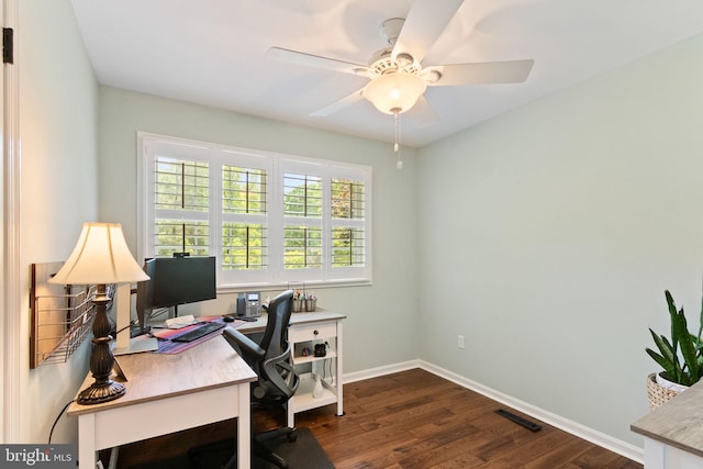 home office featuring baseboards, ceiling fan, dark wood-style floors, and visible vents