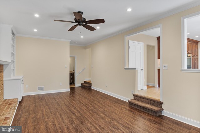 unfurnished living room with recessed lighting, ceiling fan, visible vents, and dark wood-type flooring