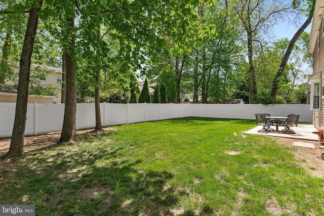 view of yard with a fenced backyard and a patio