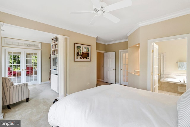 6531 Washington Blvd, Arlington, VA 22205 - carpeted bedroom with french doors, access to exterior, ornamental molding, ensuite bath, and ceiling fan