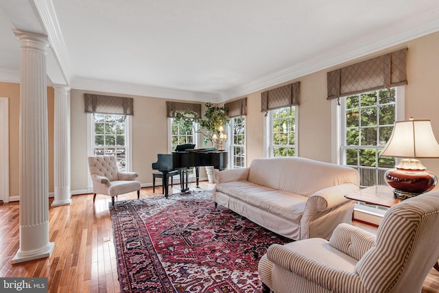 6531 Washington Blvd, Arlington, VA 22205 - living room featuring ornate columns, healthy amount of natural light, crown molding, light wood-style flooring, and baseboards