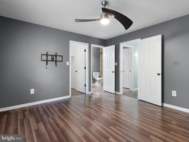 34 Dovetree Dr, Newark, DE 19713 - unfurnished bedroom featuring baseboards, wood finished floors, ensuite bath, and a ceiling fan