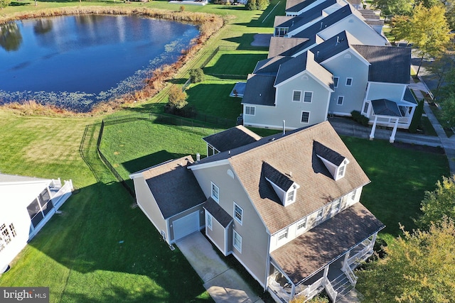 aerial view featuring a water view