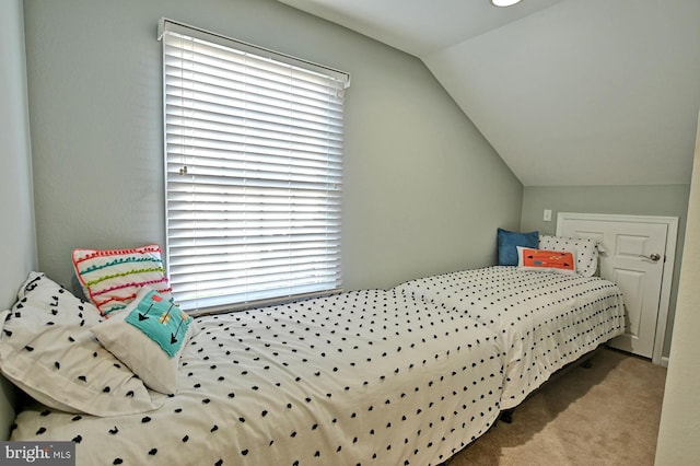 bedroom with carpet floors, multiple windows, and lofted ceiling