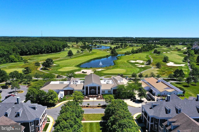 aerial view featuring a water view and golf course view