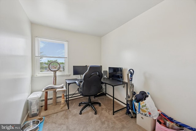 home office with baseboards, baseboard heating, and carpet