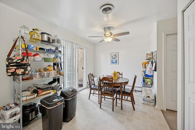 dining area featuring ceiling fan, visible vents, and baseboard heating