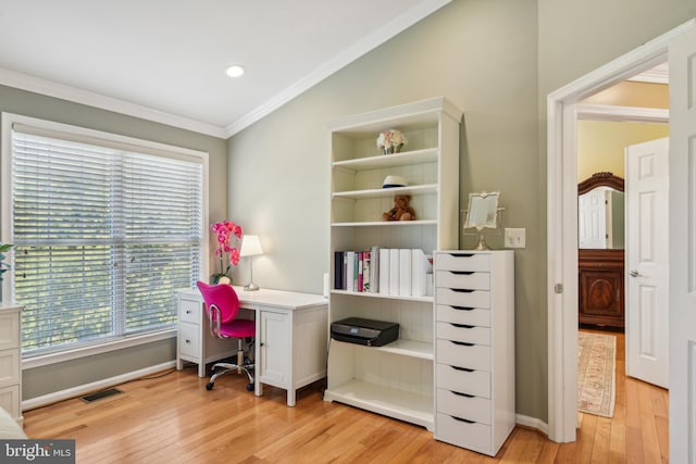 office with visible vents, baseboards, ornamental molding, recessed lighting, and light wood-style flooring