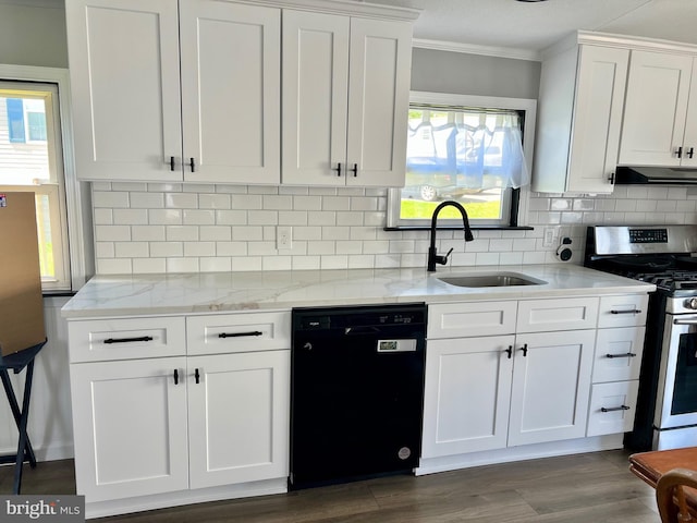 38 Clara St, Norristown, PA 19403 - kitchen with dishwasher, gas range, under cabinet range hood, crown molding, and white cabinetry
