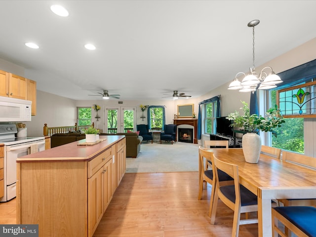 173 Riverside Dr, Harpers Ferry, WV 25425 - kitchen featuring white appliances, light brown cabinets, a kitchen island, a ceiling fan, and recessed lighting