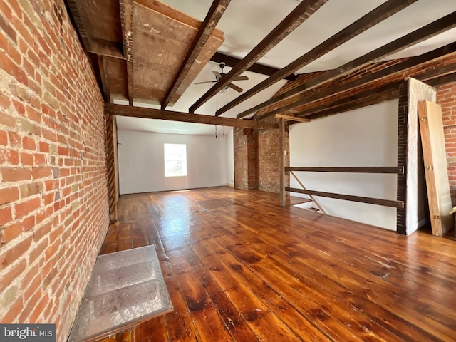 2102 E Dauphin St, Philadelphia, PA 19125 - spare room featuring brick wall, hardwood / wood-style flooring, ceiling fan, and beam ceiling