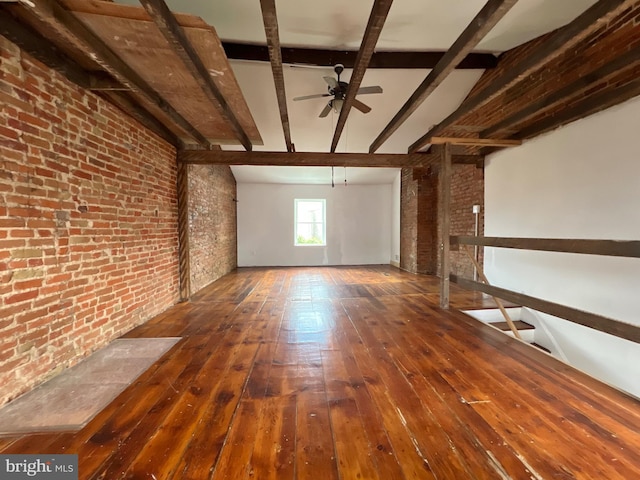 2102 E Dauphin St, Philadelphia, PA 19125 - spare room featuring brick wall, hardwood / wood-style floors, beam ceiling, and a ceiling fan