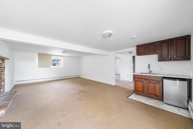 interior space featuring light carpet, a sink, light countertops, a baseboard heating unit, and dishwashing machine