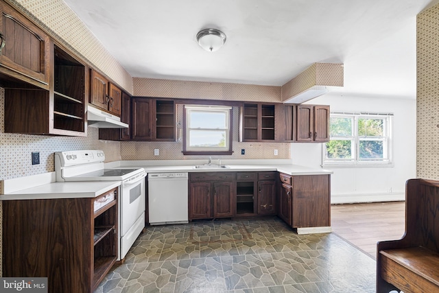 kitchen featuring open shelves, a sink, white appliances, light countertops, and under cabinet range hood