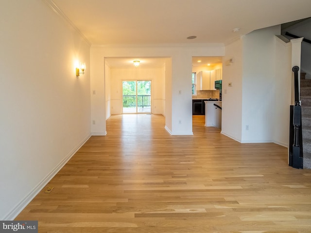 70 River Ln, Delanco, NJ 08075 - unfurnished living room featuring crown molding, light wood-style floors, stairway, and baseboards