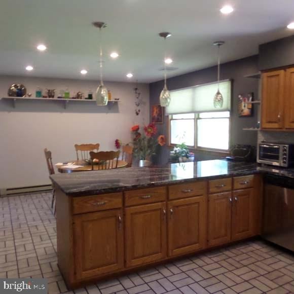 kitchen with stainless steel dishwasher, recessed lighting, open shelves, and a baseboard heating unit