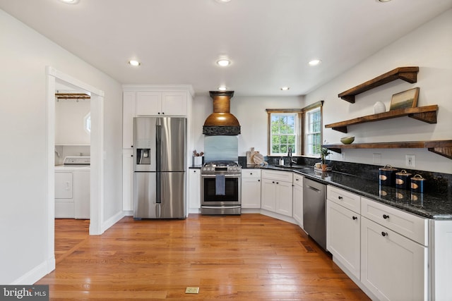 5722 Pond View Ln, Broad Run, VA 20137 - kitchen with stainless steel appliances, white cabinetry, light wood finished floors, a sink, and recessed lighting