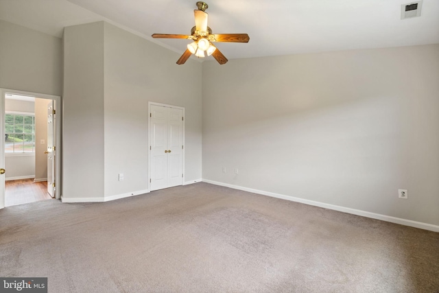 5722 Pond View Ln, Broad Run, VA 20137 - unfurnished room with carpet floors, ceiling fan, high vaulted ceiling, and baseboards