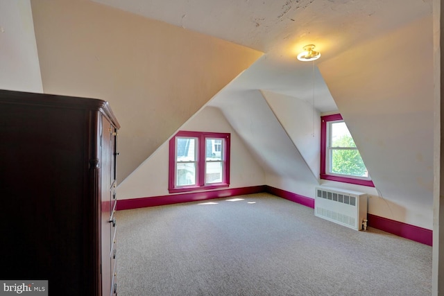 additional living space with radiator heating unit, plenty of natural light, carpet, and vaulted ceiling