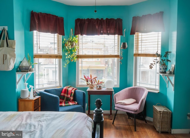 bedroom with wood finished floors and baseboards