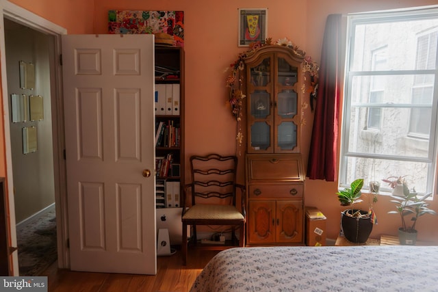 bedroom with multiple windows and wood finished floors