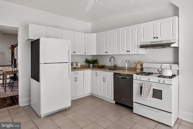 kitchen with a sink, white cabinetry, under cabinet range hood, and white appliances