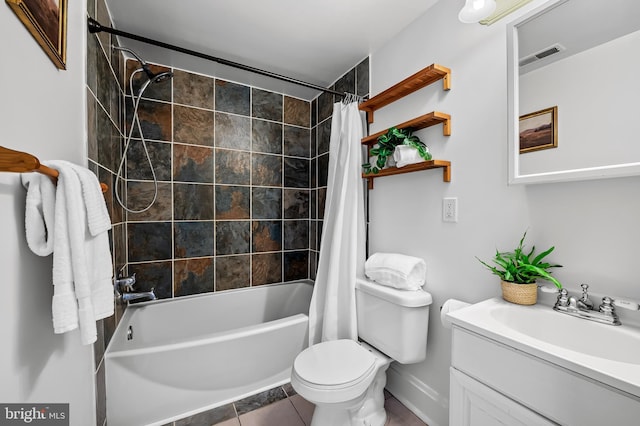 full bathroom featuring vanity, visible vents, toilet, tile patterned floors, and shower / bath combo
