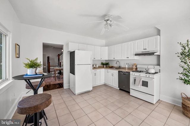 kitchen featuring a sink, white appliances, plenty of natural light, a ceiling fan, and under cabinet range hood