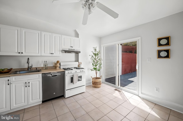 kitchen with a sink, white cabinets, stainless steel dishwasher, and gas range gas stove
