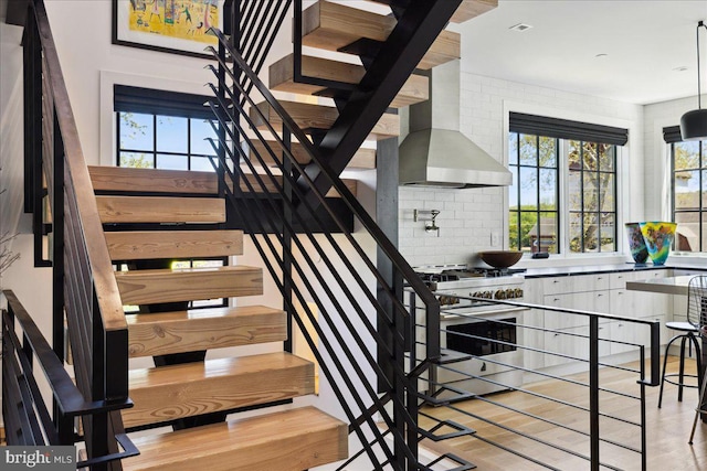 stairs featuring wood finished floors