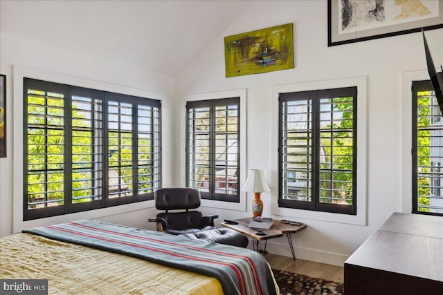 bedroom with baseboards, wood finished floors, and lofted ceiling