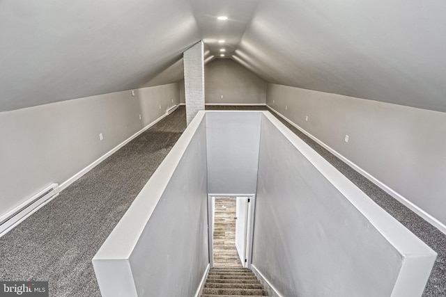 35 Herrs Ridge Rd, Gettysburg, PA 17325 - staircase featuring carpet floors, baseboards, baseboard heating, and lofted ceiling