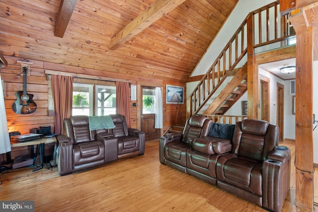 2 Heights Ct, Ruther Glen, VA 22546 - living room featuring wood-type flooring, wood ceiling, high vaulted ceiling, stairway, and beamed ceiling