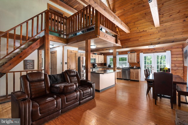 2 Heights Ct, Ruther Glen, VA 22546 - living area with french doors, light wood-type flooring, stairs, wood ceiling, and lofted ceiling