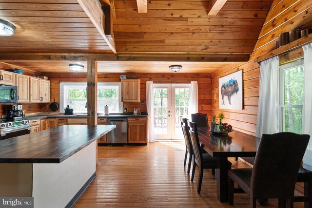2 Heights Ct, Ruther Glen, VA 22546 - kitchen with stainless steel appliances, wood ceiling, wood walls, wood counters, and french doors