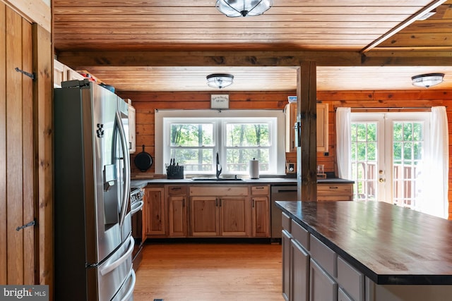 2 Heights Ct, Ruther Glen, VA 22546 - kitchen featuring stainless steel appliances, a sink, dark countertops, wood ceiling, and plenty of natural light