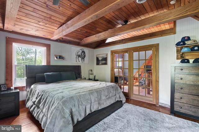 2 Heights Ct, Ruther Glen, VA 22546 - bedroom featuring french doors, wooden ceiling, beamed ceiling, wood finished floors, and access to exterior