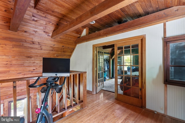 2 Heights Ct, Ruther Glen, VA 22546 - workout area featuring hardwood / wood-style flooring, wooden ceiling, radiator heating unit, wooden walls, and lofted ceiling