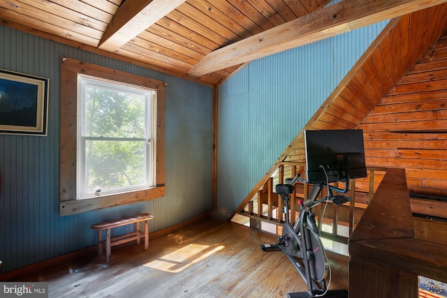 2 Heights Ct, Ruther Glen, VA 22546 - exercise room featuring wood finished floors, wooden ceiling, and lofted ceiling