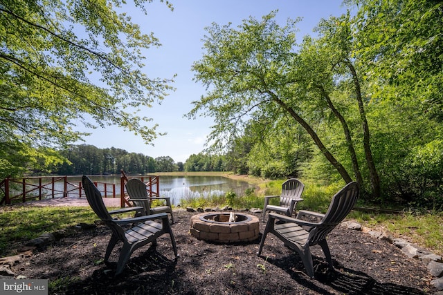 2 Heights Ct, Ruther Glen, VA 22546 - view of yard featuring a fire pit, a water view, and a forest view