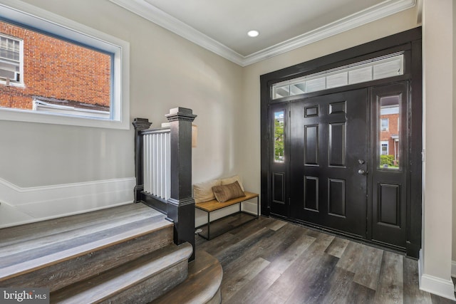 2817 Ulman Ave, Baltimore, MD 21215 - entryway with dark wood-style floors, crown molding, recessed lighting, and baseboards