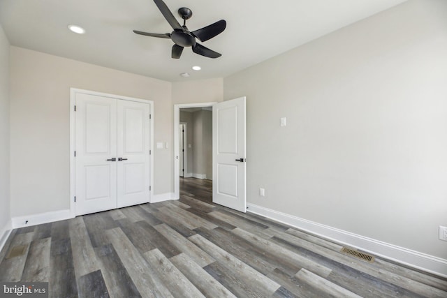 2817 Ulman Ave, Baltimore, MD 21215 - unfurnished bedroom featuring wood finished floors, baseboards, recessed lighting, a closet, and a ceiling fan