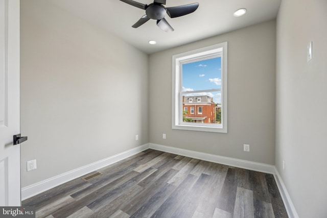 2817 Ulman Ave, Baltimore, MD 21215 - unfurnished room featuring dark wood finished floors, baseboards, a ceiling fan, and recessed lighting
