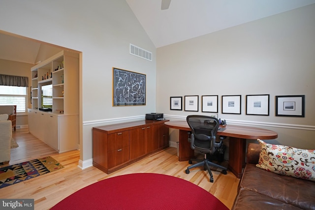 102 Morgan Way, Milton, DE 19968 - office featuring light wood-type flooring, high vaulted ceiling, ceiling fan, and baseboards