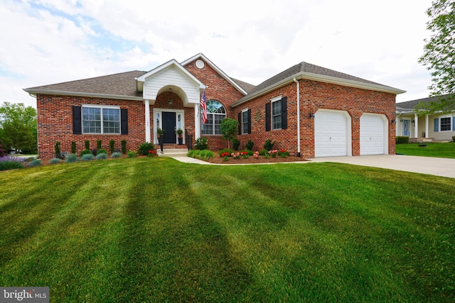 102 Morgan Way, Milton, DE 19968 - view of front of property featuring brick siding, a front yard, an attached garage, driveway, and a shingled roof