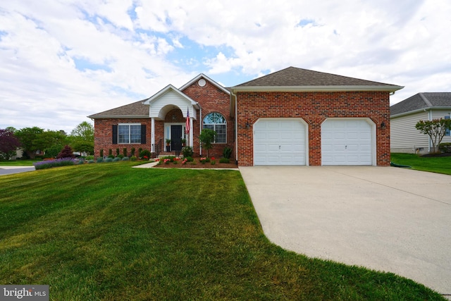 102 Morgan Way, Milton, DE 19968 - view of front of home featuring brick siding, concrete driveway, a garage, a front lawn, and a shingled roof