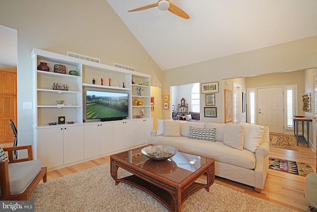 102 Morgan Way, Milton, DE 19968 - living area featuring high vaulted ceiling, light wood finished floors, and a ceiling fan