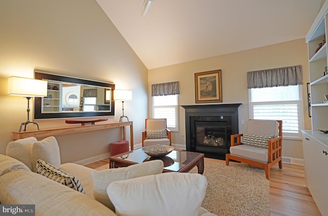 102 Morgan Way, Milton, DE 19968 - living area with light wood finished floors, plenty of natural light, a glass covered fireplace, baseboards, and high vaulted ceiling
