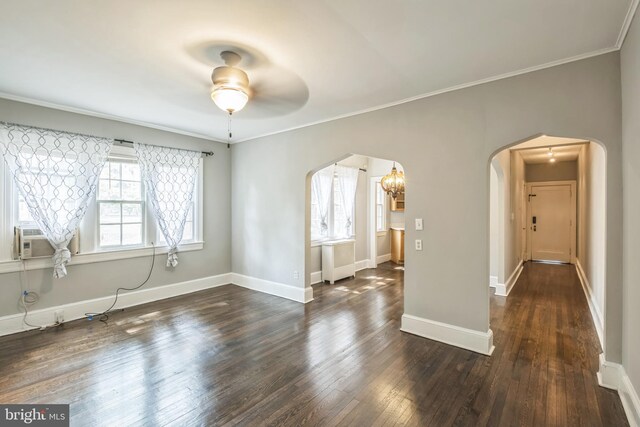208 Farragut St NW Unit 104, Washington, DC 20011 - empty room with arched walkways, a chandelier, crown molding, cooling unit, and hardwood / wood-style floors